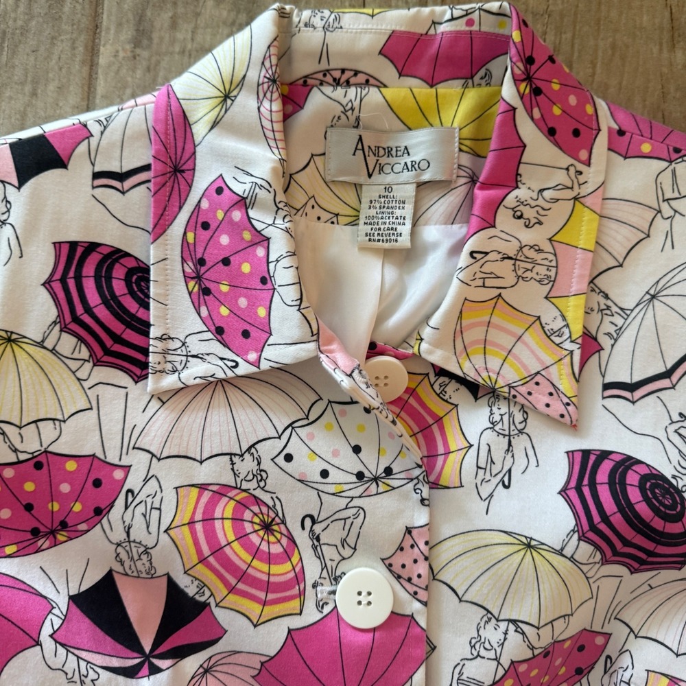 Andrea Viccaro Women Pink Yellow Umbrella Pinup Print Cotton Trench Coat Size 10 - Picture 8 of 12